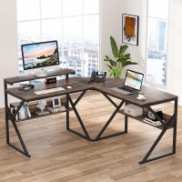 Tribesigns L Shaped Desk with Storage Shelves 63 inch Industrial Corner Computer Desk with Monitor Stand Study Writing Table Workstation for Home Office Rustic Brown
