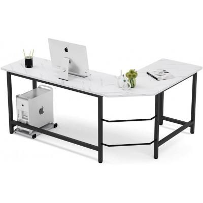 Tribesigns Modern L Shaped Desk Corner Computer Desk PC Laptop Gaming Table Workstation for Home Office White Faux Marble Black Metal Frame