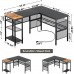 Unikito L Shaped Desk with USB Charging Port and Power Outlet Reversible L-Shaped Corner Computer Desk with Storage Shelves Industrial 2 Person Long Gaming Table Modern Home Office Desk Black