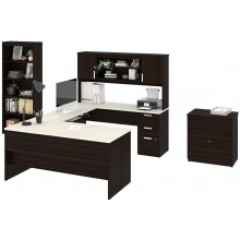 Bestar Ridgeley Executive Computer Desk with Hutch a lateral File Cabinet and a Bookcase White Chocolate
