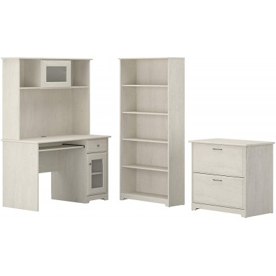 Bush Furniture Cabot Small Computer Desk with Hutch Lateral File Cabinet and Bookcase 48W Linen White Oak