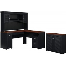 Bush Furniture Fairview 60W L Shaped Desk with Hutch and Small Storage Cabinet in Antique Black and Hansen Cherry
