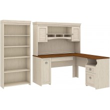 Bush Furniture Fairview L Shaped Desk with Hutch and 5 Shelf Bookcase in Antique White