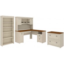 Bush Furniture Fairview L Shaped Desk with Hutch Bookcase and Lateral File Cabinet in Antique White