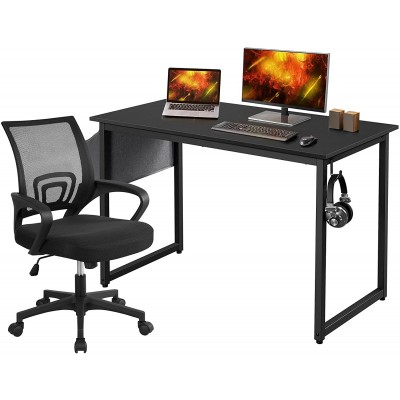 Yaheetech Home Office Desk & Chair Set Ergonomic Black Mesh Computer Chair and 47 Computer Desk with Storage Bag & Headphone Hook Adjustable Rolling Swivel Chair Indusrtal Workstation for Small Space