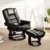 JC Home Contemporary Black Leather Recliner and Ottoman with Swiveling Mahogany Wood Base