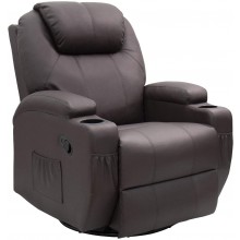 JUMMICO Recliner Chair Massage and Heating Living Room Chair Rocking and 360° Swivel Home Leather Sofa with 2 Cup Holders and Side Pockets Brown