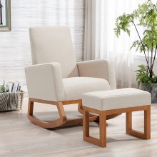 YOLENY Rocking Chair,Mid Century Accent Chair,Glider Rocker with Ottoman,Seat Wood Base,High Back Linen Armchair,Beige