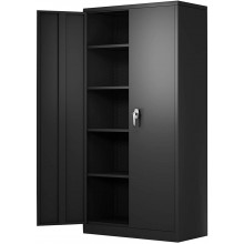 Black Steel Storage Cabinets 2 Door Metal Locking Cupboard with 4 Adjustable Shelves Tall Filing Document Bookcase for Home Office Garage Utility Room Kitchen Pantry