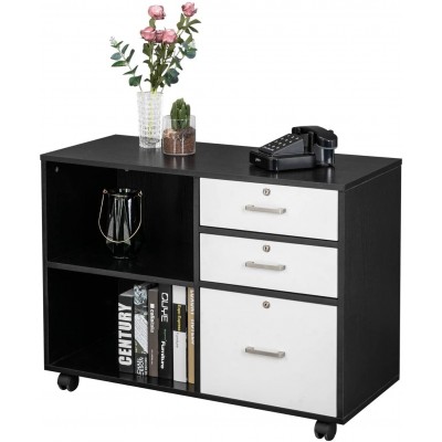 Caeciliatima Organized Black Storage Cabinet 3 White Drawers Compartments 2 Open Shelves Metal Handle MDF Wooden Wheel Home Office