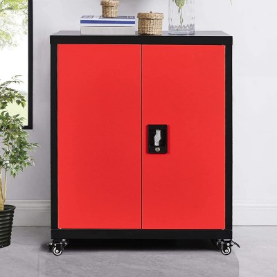 GREATMEET Metal Storage Cabinet with 1 Adjustable Shelve and 2 Doors,Locking Steel Storage Cabinet with Wheels for Home Office 26.1 W x 13.78 D x 31.5 H Black+Red