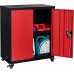 LUCYPAL Metal Storage Cabinet with Locking Doors and 1 Adjustable Shelves,Steel Storage Cabinet with Wheels for Home Office Black+Red