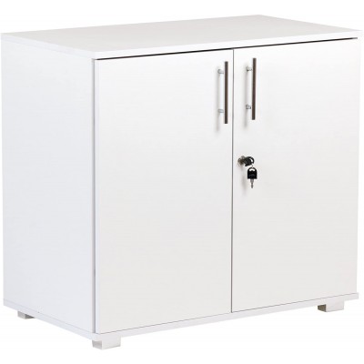 White Storage Cabinet 2 Door Locking Cupboard Bookcase Desktop Height 28.9 Tall Desk Extension in Wood Laminate Home or Commercial Office