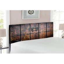 Lunarable Rustic Headboard Wooden Door Historical Vintage Exterior Medieval Structure Print Upholstered Decorative Metal Bed Headboard with Memory Foam Full Size Black Brown