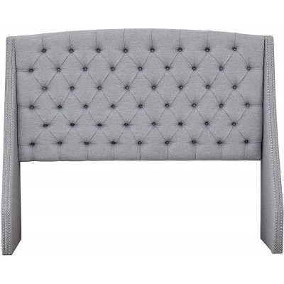 Madison Park Harper Upholstered Nail Head Trim Wingback Button Tufted Headboard Modern Contemporary Metal Legs Padded Bedroom Décor Accent King Grey
