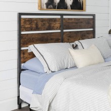 Walker Edison Rustic Metal and Wood Slatted Queen Bed Headboard Footboard Bed Frame Bedroom Queen Reclaimed Wood