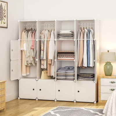 Aeitc Portable Wardrobe Closet Cube Storage Storage Organizer with Doors Bedroom Armoire Visibility Wardrobe with 3 Hangers 56x18x56 White