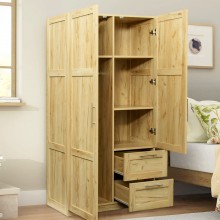 Armoire Wardrobe Closet with 2 Doors Tall Storage Cabinet with 2 Drawers and 5 Storage Spaces Wardrobe Closet for Hanging Clothes with Clothes Rail Wooden Wardrobe for Bedroom Cloakroom Oak
