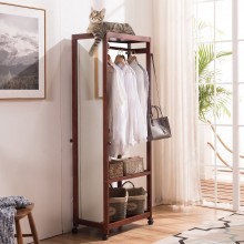 Tiny Times 67'' Tall Free Standing Closet Wardrobe Bedroom Armoires with Full Length Dressing Floor Mirror,Brake Wheels,Hanger Rod,Coat Hooks,Entryway Storage Shelves Organizer-Solid Pine Wood,Brown