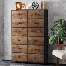 EnHomee Tall Dressers for Bedroom with 12 Fabric Drawers Rustic Brown Drawer Dresser Storage Chest Tower for Bedroom Living Room Entryway Sturdy Wooden Top Steel Frame 34.7" L x 11.9" W x 52.4" H