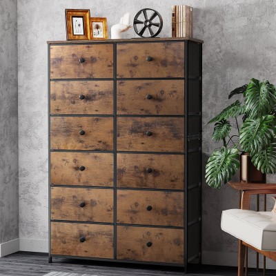 EnHomee Tall Dressers for Bedroom with 12 Fabric Drawers Rustic Brown Drawer Dresser Storage Chest Tower for Bedroom Living Room Entryway Sturdy Wooden Top Steel Frame 34.7 L x 11.9 W x 52.4 H