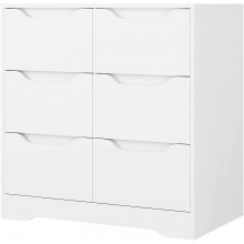HOSTACK Modern 6 Drawer Dresser Double Chest of Drawers with Storage 3+3 Wood Clothing Organizer with Cut-Out Handles Accent Storage Cabinet for Living Room Bedroom White