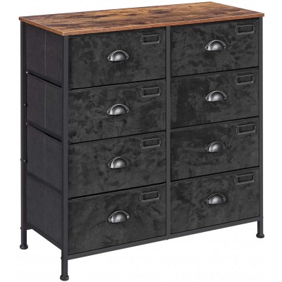 SONGMICS Rustic Vertical Dresser Drawer Storage Tower Industrial Style Dresser Unit 8 Fabric Drawers Labels Wooden Top for Living Room Entryway Rustic Brown and Black ULVT24H