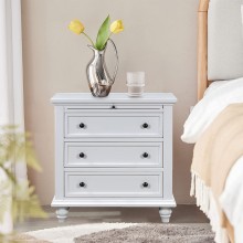 3-Drawer Storage Wood Cabinet End Table with Pull Out Tray Nightstand Drawer Chest Side Table Solid Wood Furniture for Bedroom Living Room Fully Assembly Bedside Table White