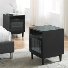 Art Leon Modern Wooden Accent End Table with Glass Top Bedside Table Nightstand with Storage Drawer and Glass Door Set of 2