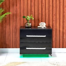 BELIFEGLORY Beside Table 2 Drawers High Gloss Nightstand Cabinet Side Table End Table with LED Light for Bedroom Black Drawer with Handle