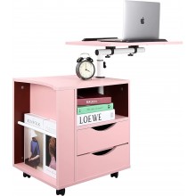 DANSION Bedside Table Workstation Adjustable Swivel Tilt Wooden Nightstand Laptop Desk with Drawers and Magazine Holder Laptop Cart with Wheels Pink