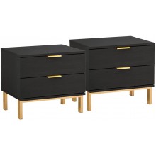 ECACAD Set of 2 Nightstands with 2 Storage Drawers & Gold Metal Legs Modern Bedside Table Sofa End Side Table Black 19.7" L x 15.7" W x 17.9" H