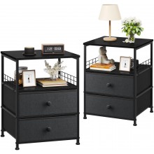 EnHomee Nightstand Set of 2 Bedside Table with Fabric Drawers and Open Wood Shelf Storage Bed Side Table with Steel Frame for Bedroom Dorm Easy Assembly and Pull Black and Gray