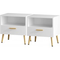 FUFU&GAGA Nightstand Set of 2 Modern Bedside Table with Metal Legs Minimalist and Versatile End Side Table 1 Drawer & 1 Open Shelf White