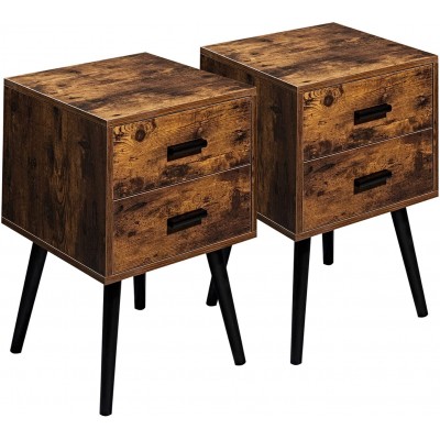 Hoorlang Mid-Century Nightstand,Set of 2 Side Tables,End Table with 2 Drawer Cabinet for Storage,Side Table for Small Spaces Wood Look Accent Table with Solid Wood Legs Rustic Brown HLET03F2