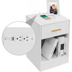 LAPTAIN Nightstand with Charging Station End Side Table with Storage Drawer and Open Cabinet Bedside Table for Bedroom White