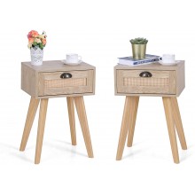 MAISON ARTS Nightstand Set of 2 with Drawer Bed Side Table with Storage Rattan Sofa Couch End Table with Solid Wood Legs Square Side Table for Bedroom Living Room Easy to Assemble