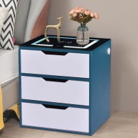 Modern Side Nightstand Table with Wireless Charging and USB Ports & Dimmable Led Light Smart End Table Storage Cabinet for Bedroom Living Room Home Office Blue MDF + Black Glass Table Top
