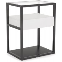 Tribesigns Nightstand Tall Side Table Modern Simple Style End Table with Drawer and Shelf Tempered Glass Bedside Table Metal Frame 19.6”X15.7”X27.5” Black and White