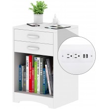White Nightstand with Charging Station 2 Drawer Bedroom Nightstand Wood Sofa Side Table End Table with USB Ports and Storage Small Kids Nightstand