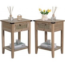 Wnutrees Set of 2 Rustic Farmhouse Accent Nightstand Side Tables Vintage Wood End Table with Handmade Rattan Drawer and Storage Shelf Solid Wood Legs Natural