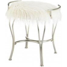 Accent Plus Silver Vanity Stool with White Faux Fur