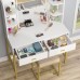AOUSTHOP Vanity Set with Lighted Mirror Makeup Vanity Dressing Table with LED Lights Storage Shelves Cushioned Stool & 2 Drawers Dresser Desk for Bedroom Gold-White