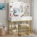 AOUSTHOP Vanity Set with Lighted Mirror Makeup Vanity Dressing Table with LED Lights Storage Shelves Cushioned Stool & 2 Drawers Dresser Desk for Bedroom Gold-White