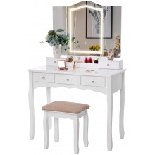 BEWISHOME Makeup Vanity with Lights Vanity Set with Tri-Folding Mirror with 3 Colors White Vanity Desk with Cushioned Stool 5 Drawers 2 DIY Dividers Makeup Organizer FST11W