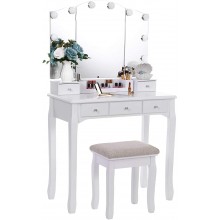 BEWISHOME Vanity Set with Lighted Mirror Makeup Vanity with Tri-Folding Mirror 10 LED Bulbs White Vanity Desk Vanity Table with 5 Drawers 2 DIY Dividers Cushioned Stool Movable Organizer FST09W