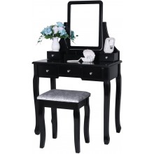 BEWISHOME Vanity Table Set with Mirror & Cushioned Stool Dressing Table Vanity Makeup Table 5 Drawers 2 Dividers Movable Organizers Black FST01H