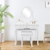 Dressing Table with Oval Mirror 5 Drawers Makeup Vanity Sets Vanities Benches Classic Bedroom Dresser Desk Cushioned Stool for Women Girls to Dress up