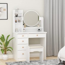 ECACAD Vanity Desk Set with Round Mirror Makeup Dressing Table with 5 Drawers Storage Shelves & Cushioned Stool for Bedroom White