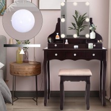 ENSTVER Vanity Set with Dimmer LED Light Bulbs,Makeup Table with Frameless Hollywood Mirror and Cushioned Stool,5 Drawers,Solid Wood Legs Dressing Table for Bedroom,Brown